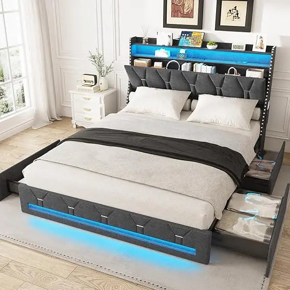 Maupvit Upholstered Queen Bed with 4 Underbed Storage Drawers, Headboard, Charging Port, and LED Lighting
