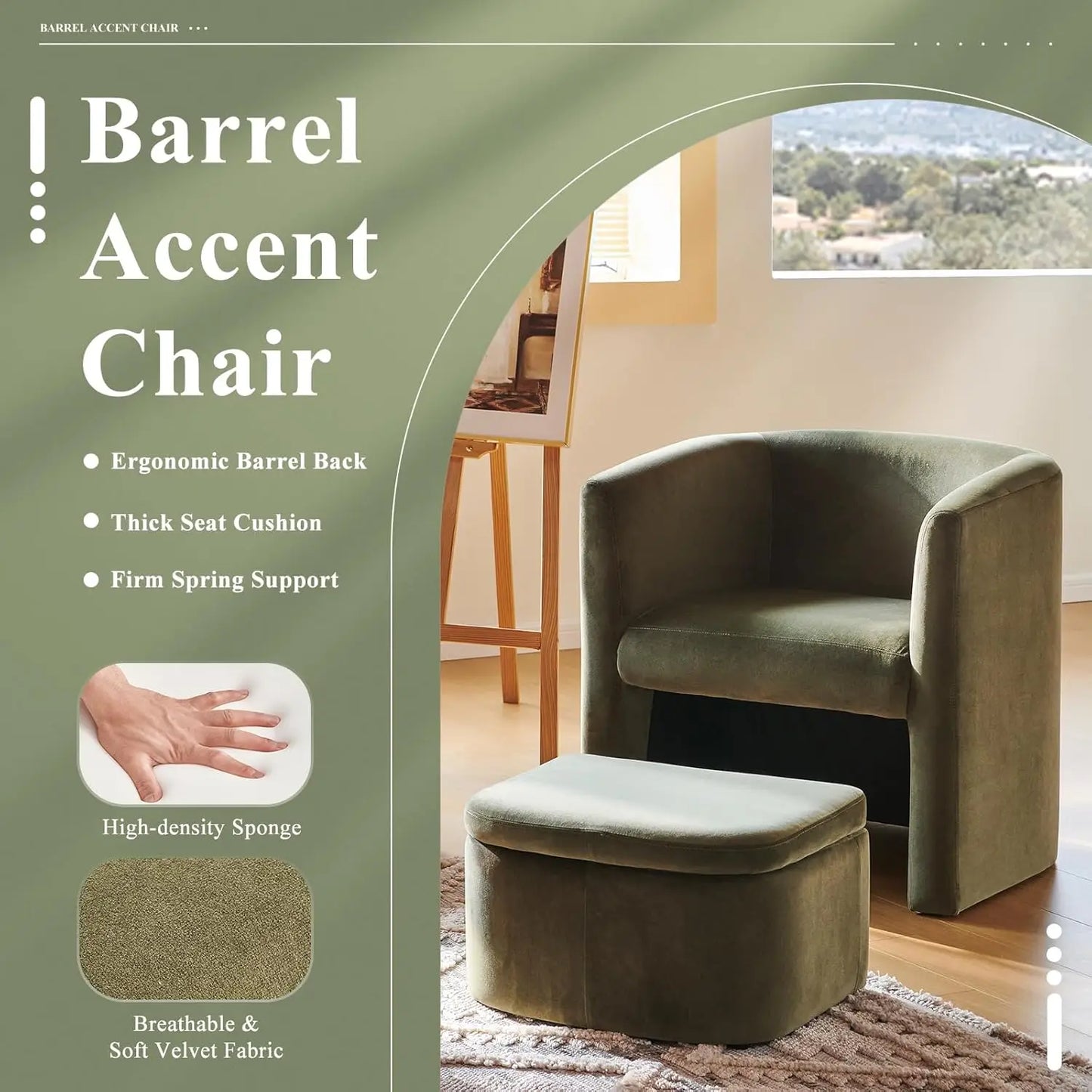 Green Velvet Barrel Chair with Storage Ottoman, Modern Accent Chair for Living Room