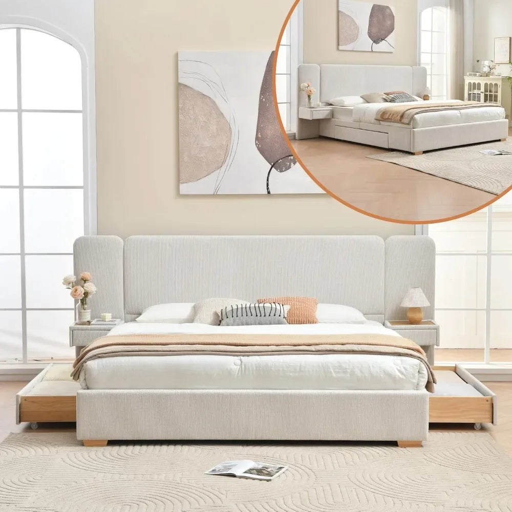 King Size Platform Bed Frame with 2 Built-in Nightstands Wood Luxury Bed Frame with Chenille 2 Storage Drawers