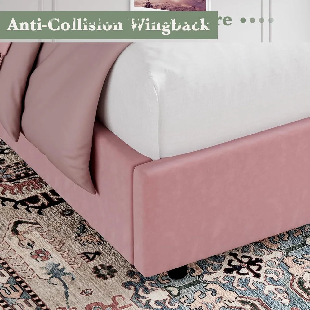 Full Bed Frame, Pink Velvet Upholstered Bed Frame Full with Headboard and Wide Wingback, Sturdy Wooden Slats Support, No Box Spr