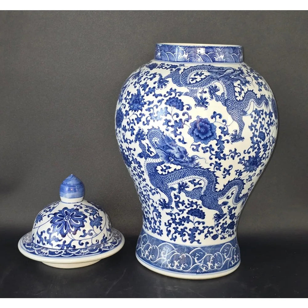 Vintage Blue & White Floral Porcelain Ginger Jar, Large Qing Dynasty-Style Vase with Dragon Motif