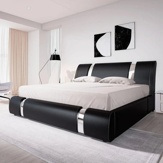 Queen size bed frame with iron sheet decoration, artificial leather cushioned platform bed with adjustable headboard, black