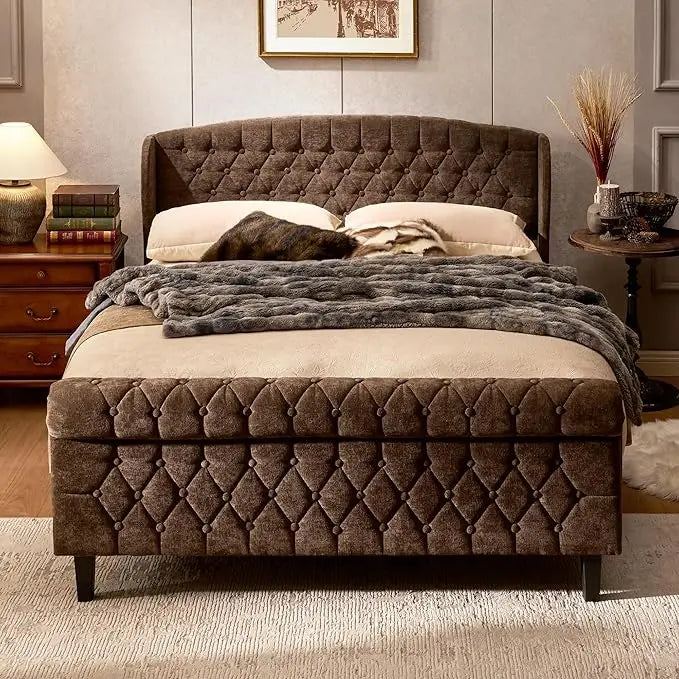 Queen Size Sleigh Bed Frame with Wingback Headboard, Chenille Upholstered Platform Bed Frame with Scroll Footboard, Button Tufte