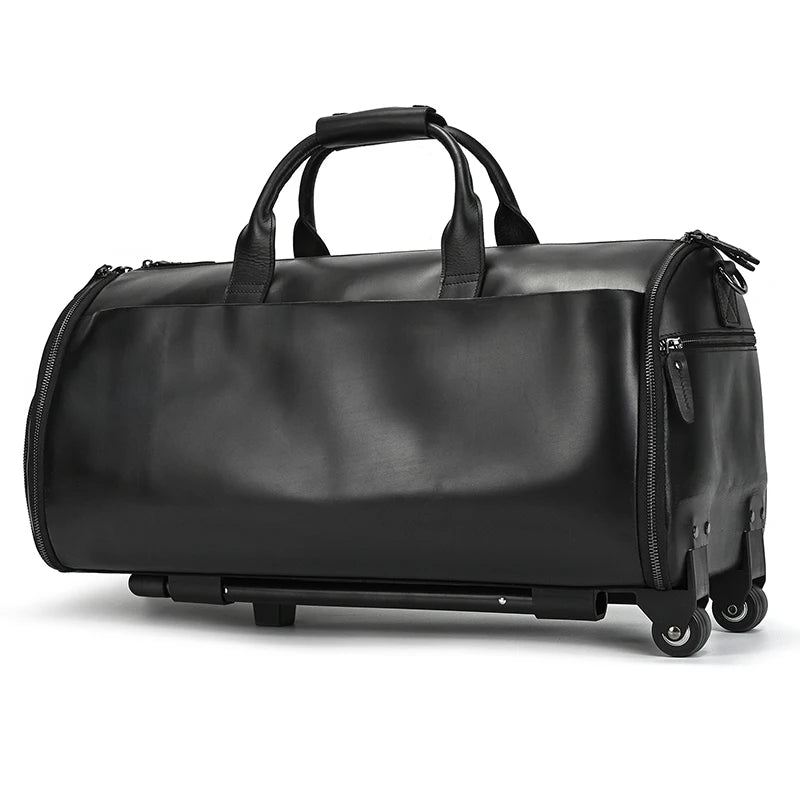 Large Capacity Tolley Case Genuine Leather Handbag with Roller Trolley Bag for Men Male Shoulder Bag for Business with Shoe Bag
