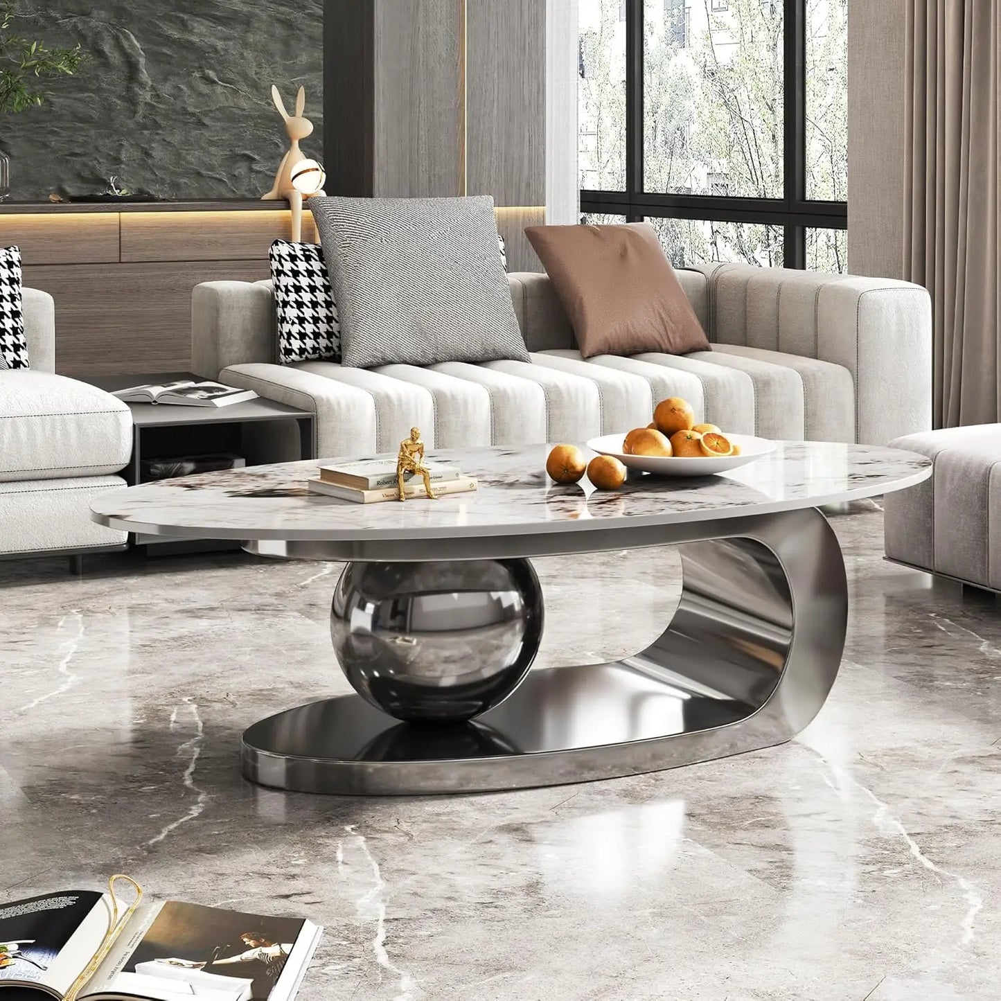 Modern Oval Stone Coffee Table with Gray Metal Base - Elegant Centerpiece for Stylish Living Rooms - 49.2" Lx27.6 Wx15.8 H