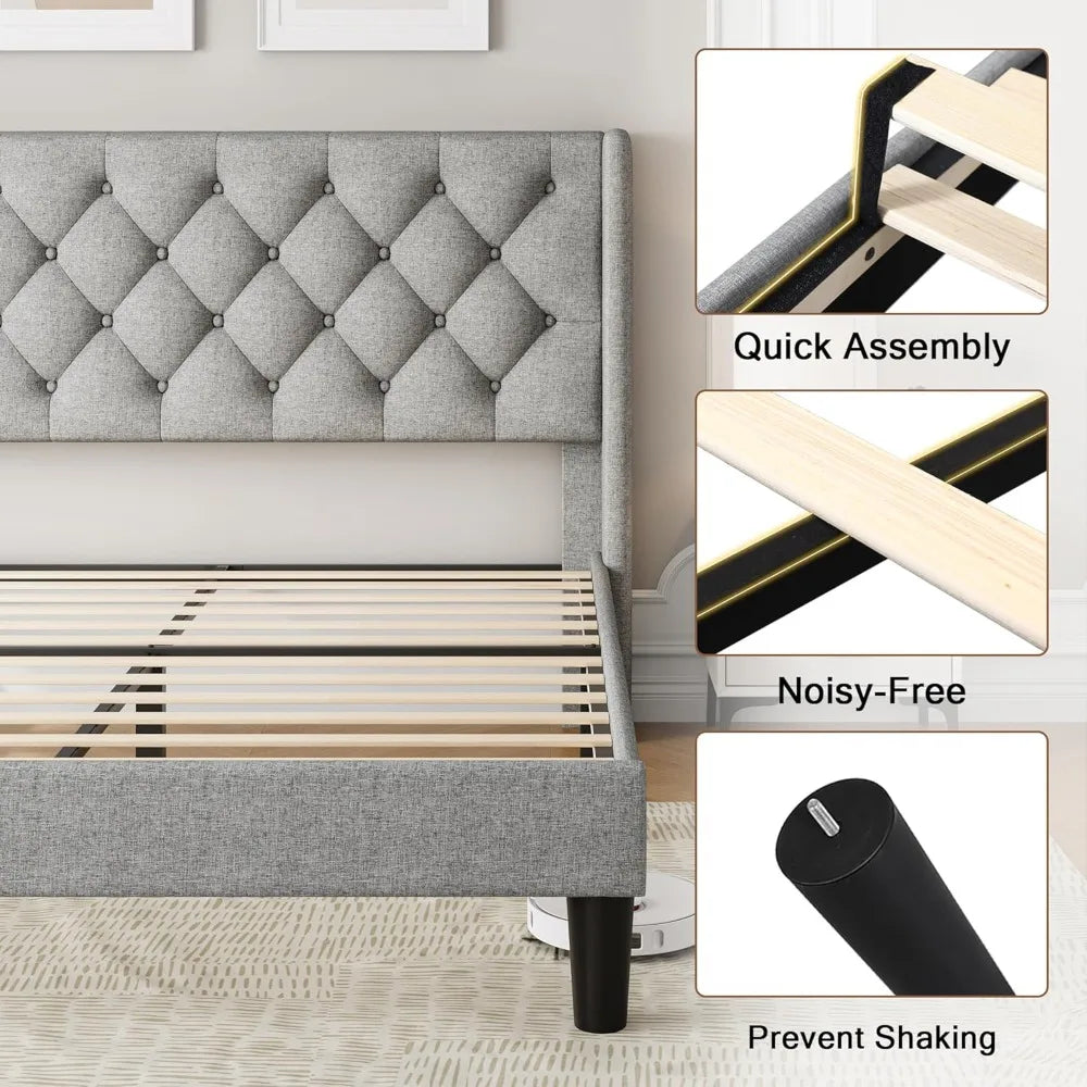 Full Size Upholstered Bed Frame with Wingback Headboard, Fabric Linen Platform Bed, 8" Under Bed Storage, Wooden and Metal Slats