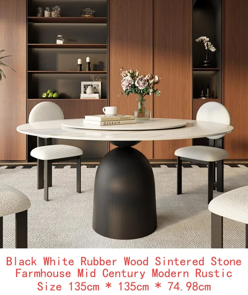 Modern Black Round Dining Table - 53" Colorful Solid Wood with Rotating Lazy Susan and Sintered Stone Top for 6 People