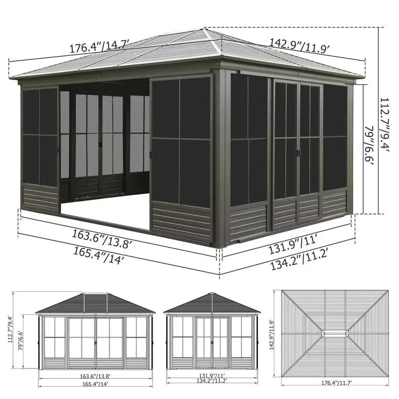 12x14FT Outdoor Gazebo, Steel Hardtop Sunroom with Sloping Roof, All-Weather Aluminum Screen House for Patio, Deck, Backyard,