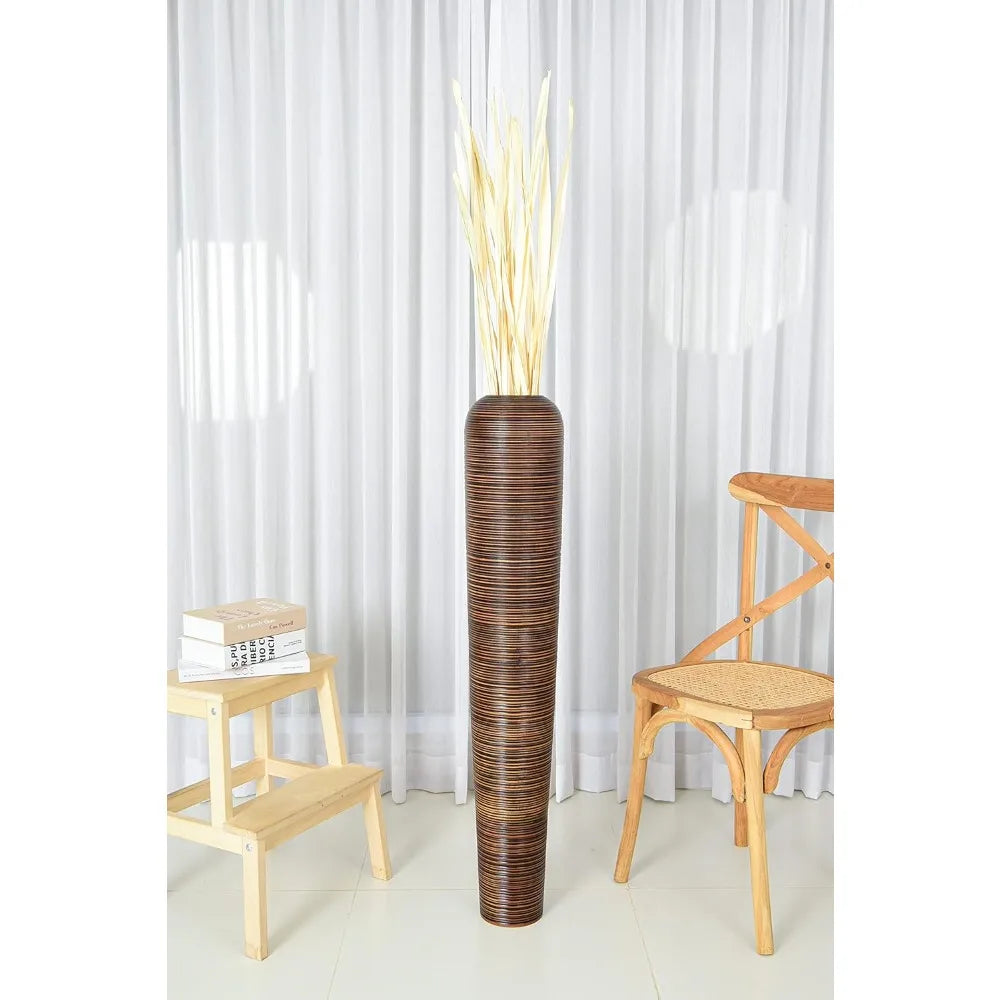 Elegant Large Brown Wooden Floor Vase - 41 Inch Tall for Home Decor, Ideal for Displaying Artificial Plants and Pampas Grass