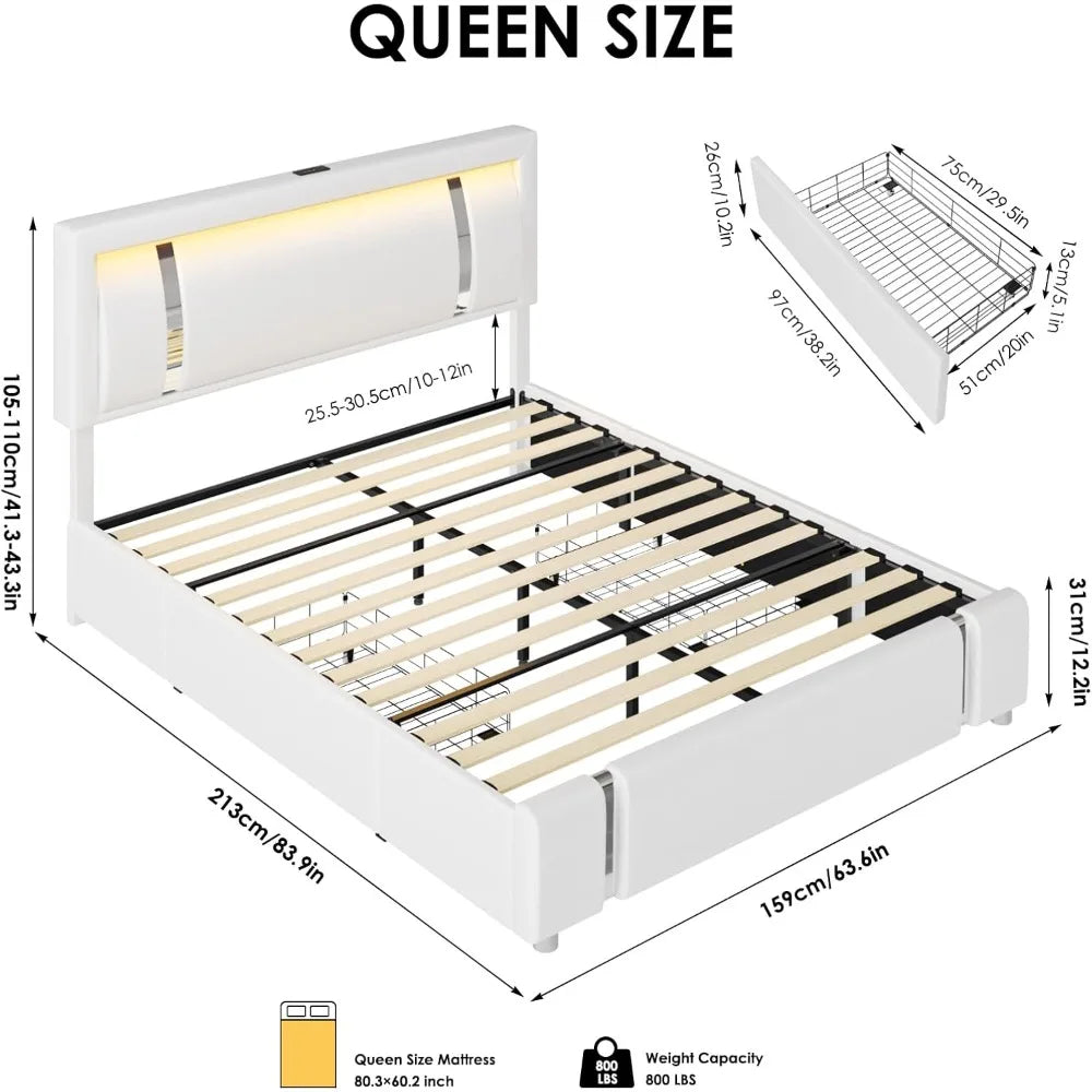 Queen/Full Bed Frame with RGB LED Lights Headboard & 2 Storage Drawers, Sturdy wooden frame, Modern Upholstered Faux Leather Bed