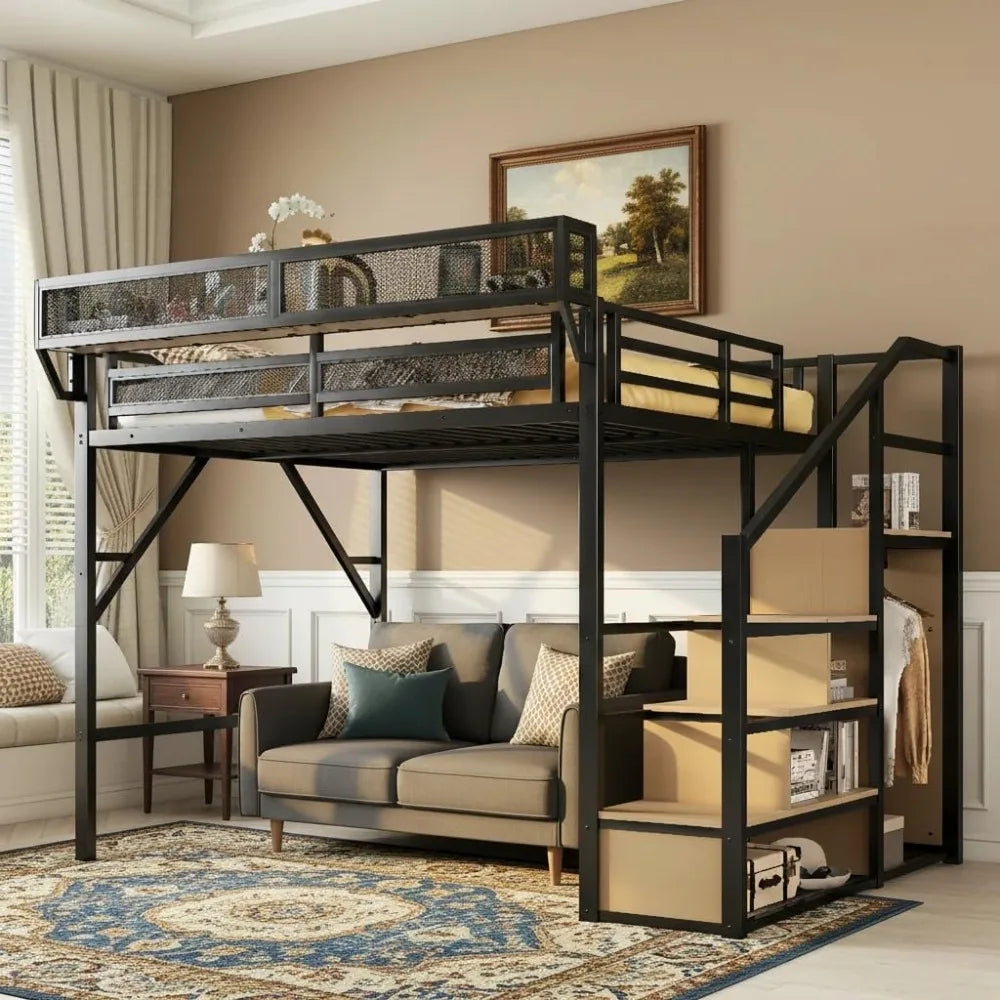 Queen Size Loft Bed with Stairs and Wardrobe, Black Metal Bed Frame with Shelves & Under-Bed Storage, (Black, Queen)