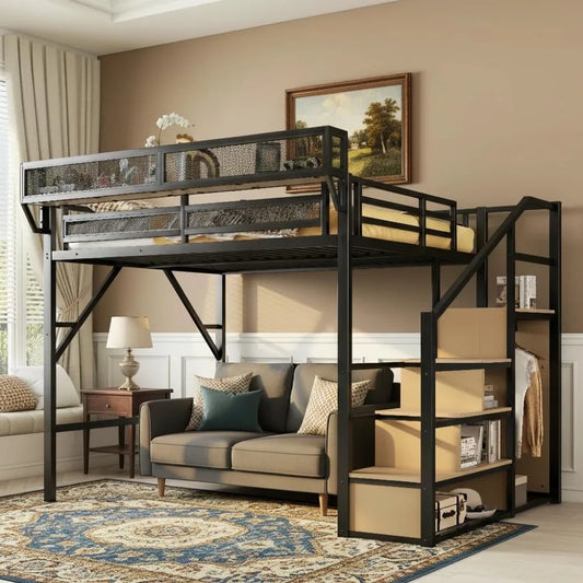 Queen Size Loft Bed with Stairs and Wardrobe, Black Metal Bed Frame with Shelves & Under-Bed Storage, (Black, Queen)