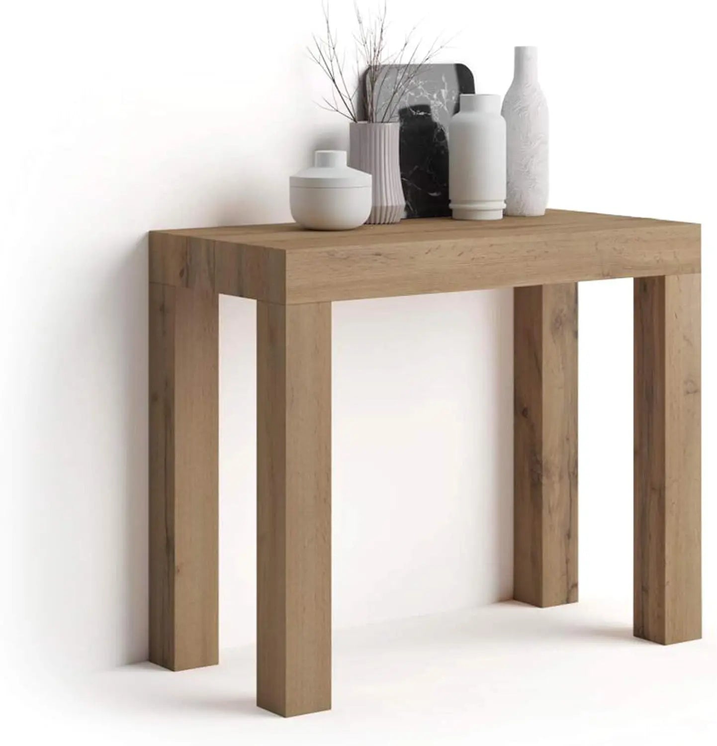 First, Extendable Console Table 17.7(120) x35.4 in, Rustic Oak, for 4-14 People, Space-Saving Dining Table, Italian Furniture