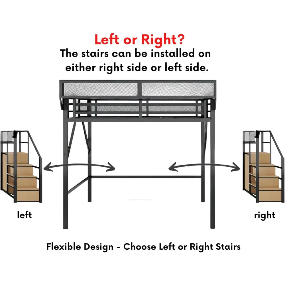 Queen Size Loft Bed with Stairs and Wardrobe, Black Metal Bed Frame with Shelves & Under-Bed Storage, (Black, Queen)
