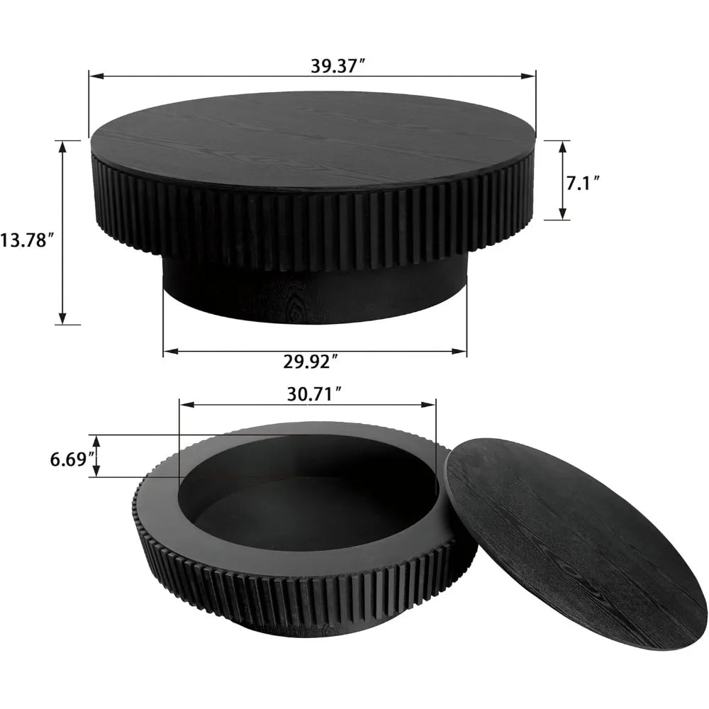 39.37 Inch Round Drum Coffee Table with Storage, Handcraft Fluted Drum Coffee Table, Modern Wooden Round Coffee Table Center Tab