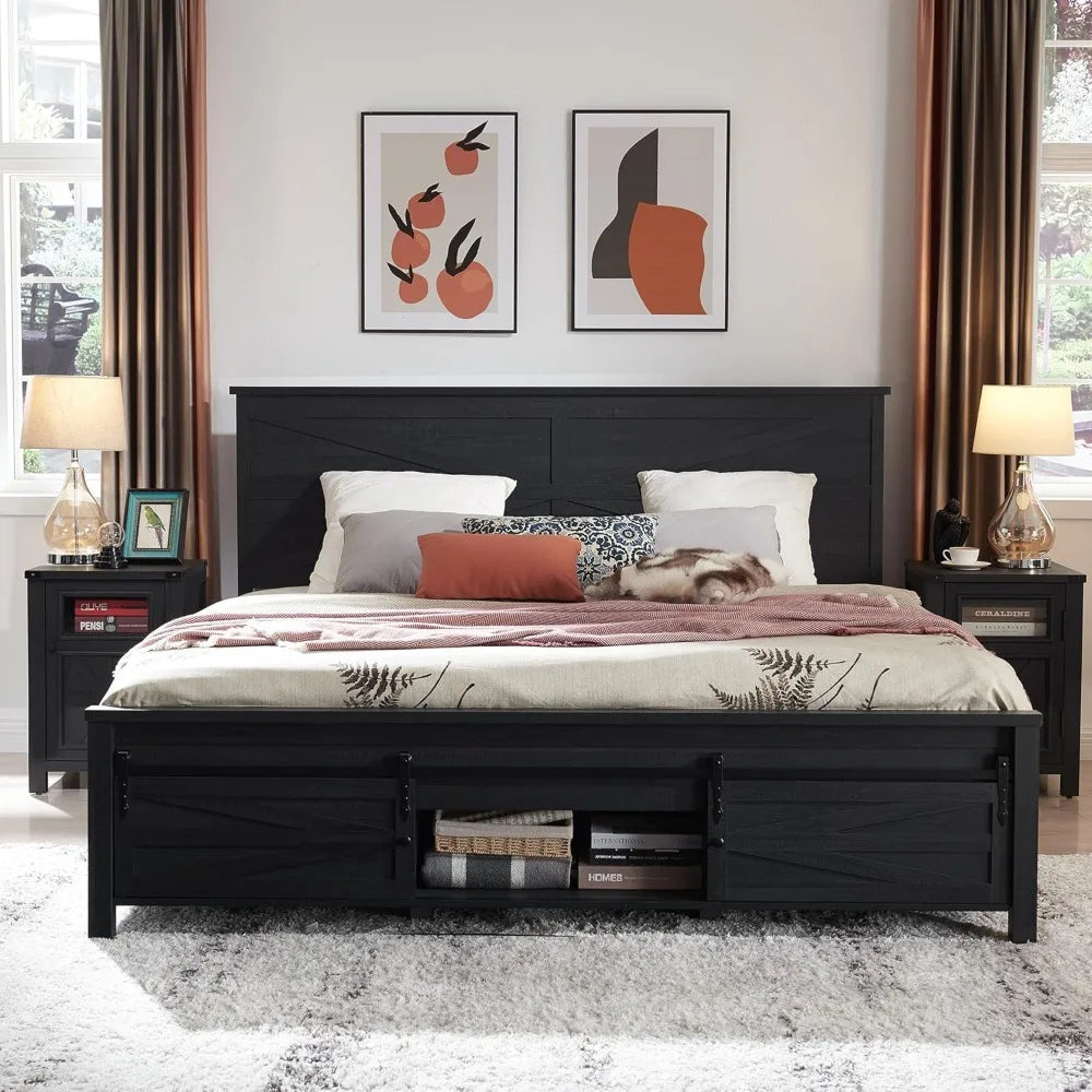 JXQTLINGMU Farmhouse Wood Bed Frame King Size with Sliding Barn Door Storage Cabinets and Headboard, Solid Wood Slats Support, N