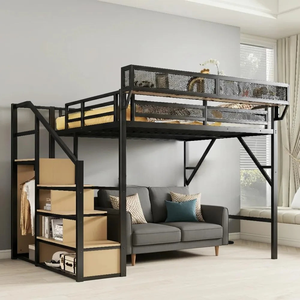 Queen Size Loft Bed with Stairs and Wardrobe, Black Metal Bed Frame with Shelves & Under-Bed Storage, (Black, Queen)
