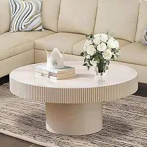 Mid-Century Modern Round Coffee Table with Hidden Storage, Solid Wood Veneer Center Table for Living Room