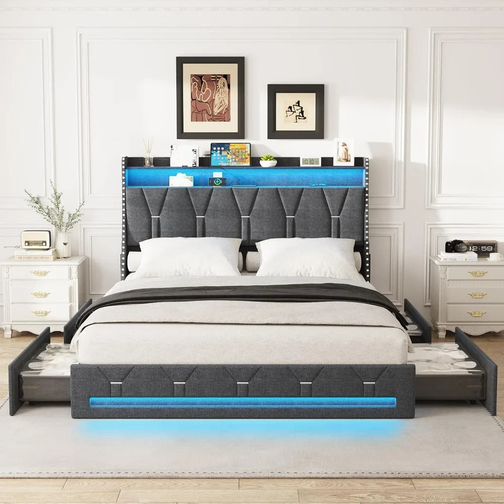 Maupvit Upholstered Queen Bed with 4 Underbed Storage Drawers, Headboard, Charging Port, and LED Lighting