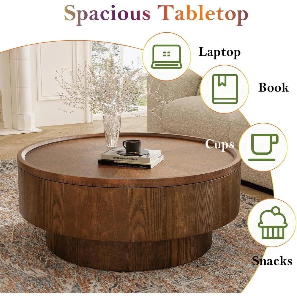 Mid-Century Modern Round Coffee Table with Hidden Storage, Solid Wood Veneer Center Table for Living Room