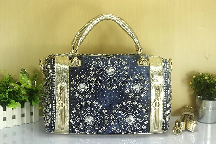 Denim Bags for Women Shoulder Bag Tote Bag with Diamond Jean Handbag Crystal Crossbody Bag