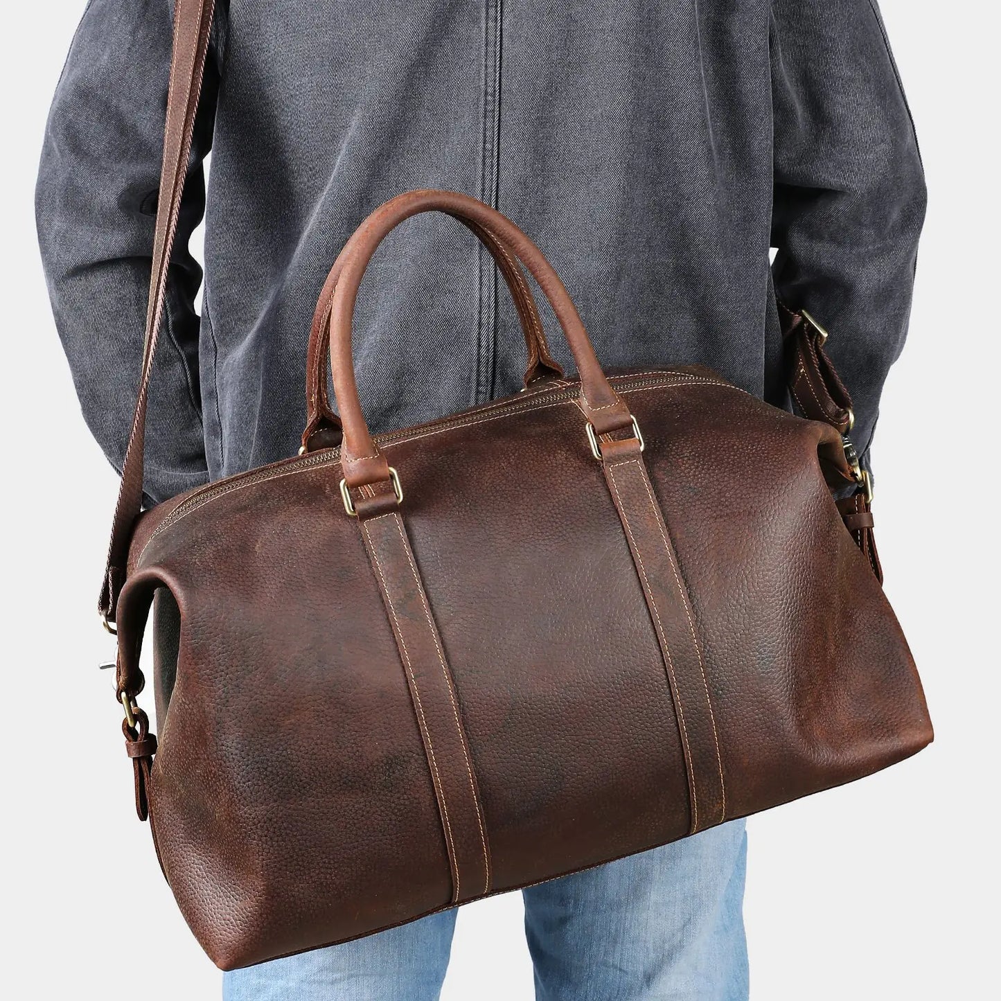 Vintage Crazy Horse Leather Travel Tote Bag for Men, High-end Genuine Leather Shoulder Bag