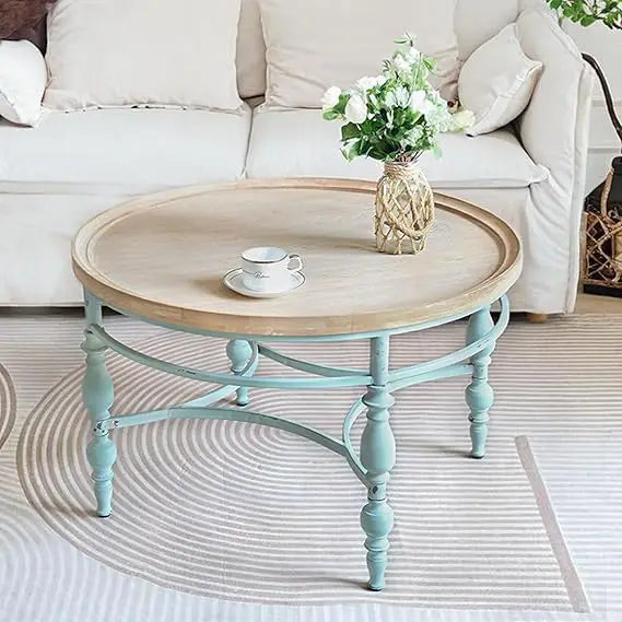 Rustic Farmhouse Round Coffee Table, French Country Vintage Center Table,φ31.5'' x18.9''H Rustic Solid Wood with Vintage Iron Le