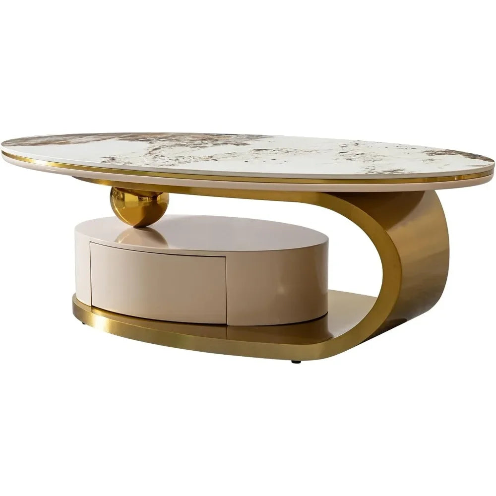 Faux Marble Coffee Table with Drawer,Oval Living Room Table with Metal Base,0.47" Marble Grain Top