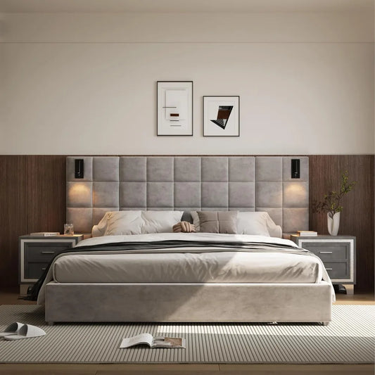 King Platform Bed Frame with Headboard, Elegant Velvet Upholstered Bed with Grid Pattern Padded Headboard, 2 LED Wall Sconces &