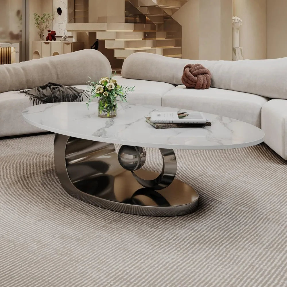 Oval Coffee Table for Living Room, Modern Center Table with Faux Marble Tabletop and Sculptural Stainless Steel Base, Silver+Whi