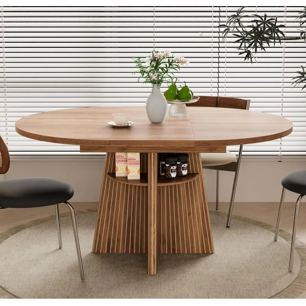Extendable Dining Room Table for 4-8, Round Expandable Kitchen Table with Fluted Base, Modern Oval Dinner Tables