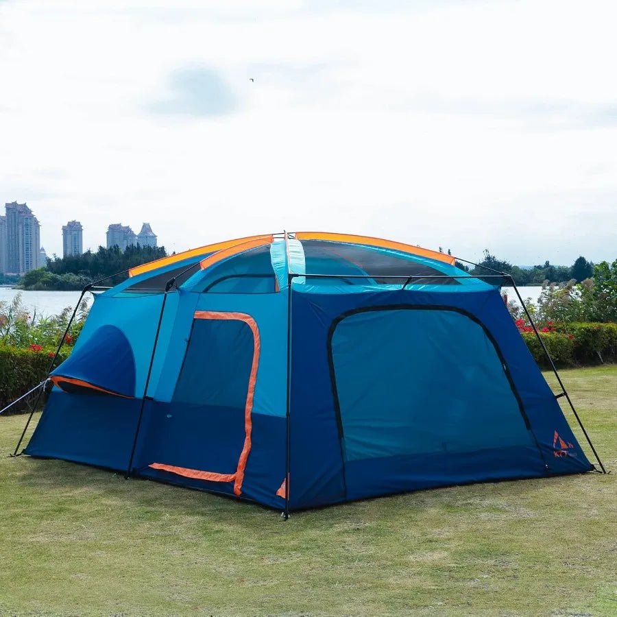 Extra Large Family Cabin Tent for 101214 People with 2 Rooms 3 Doors 3 Windows Mesh Panels Straight Wall Design Waterproof Doub