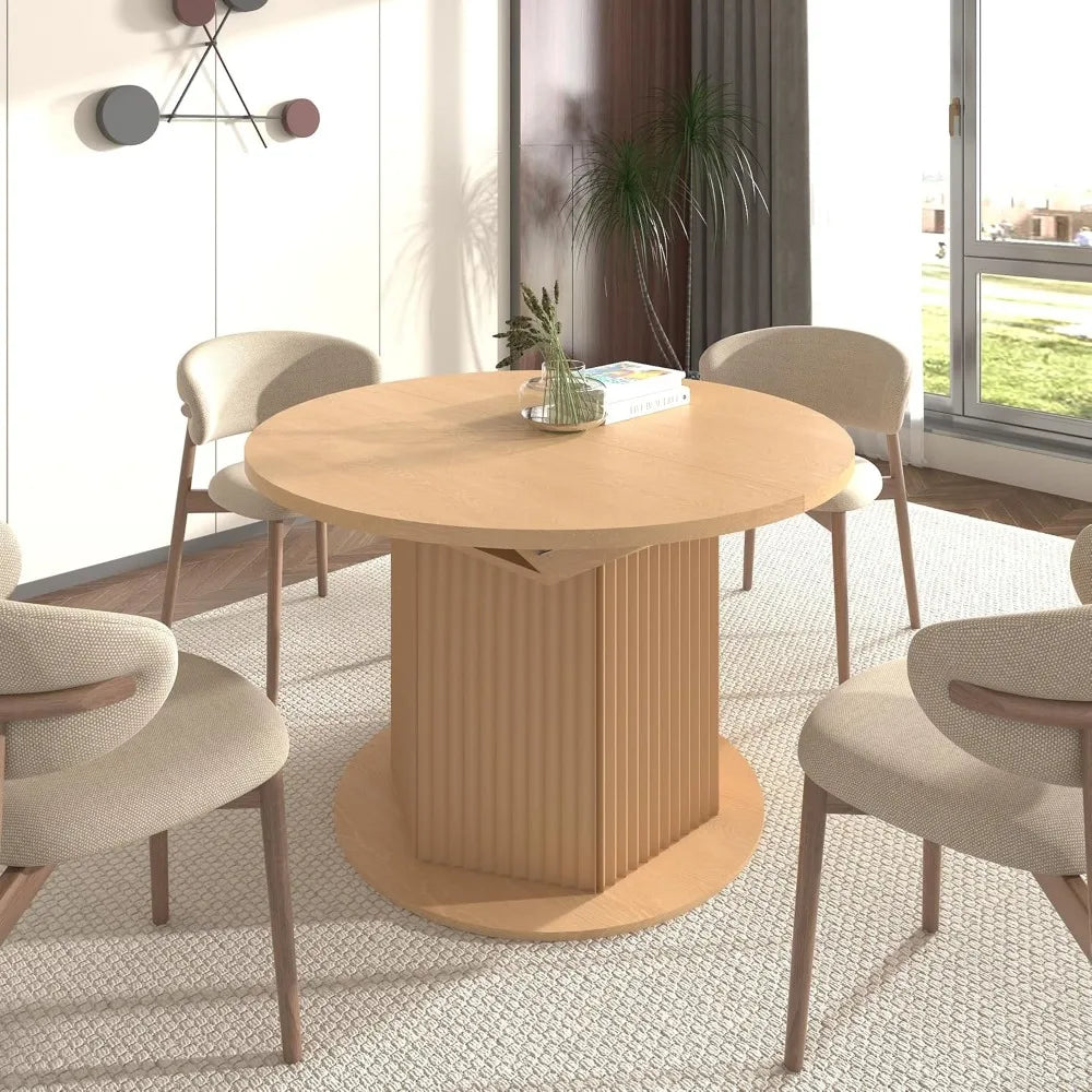 63" Round Extendable Dining Table, Expanding Dining Room Table for 10, Farmhouse Wooden Kitchen Extendable Table Oval Top