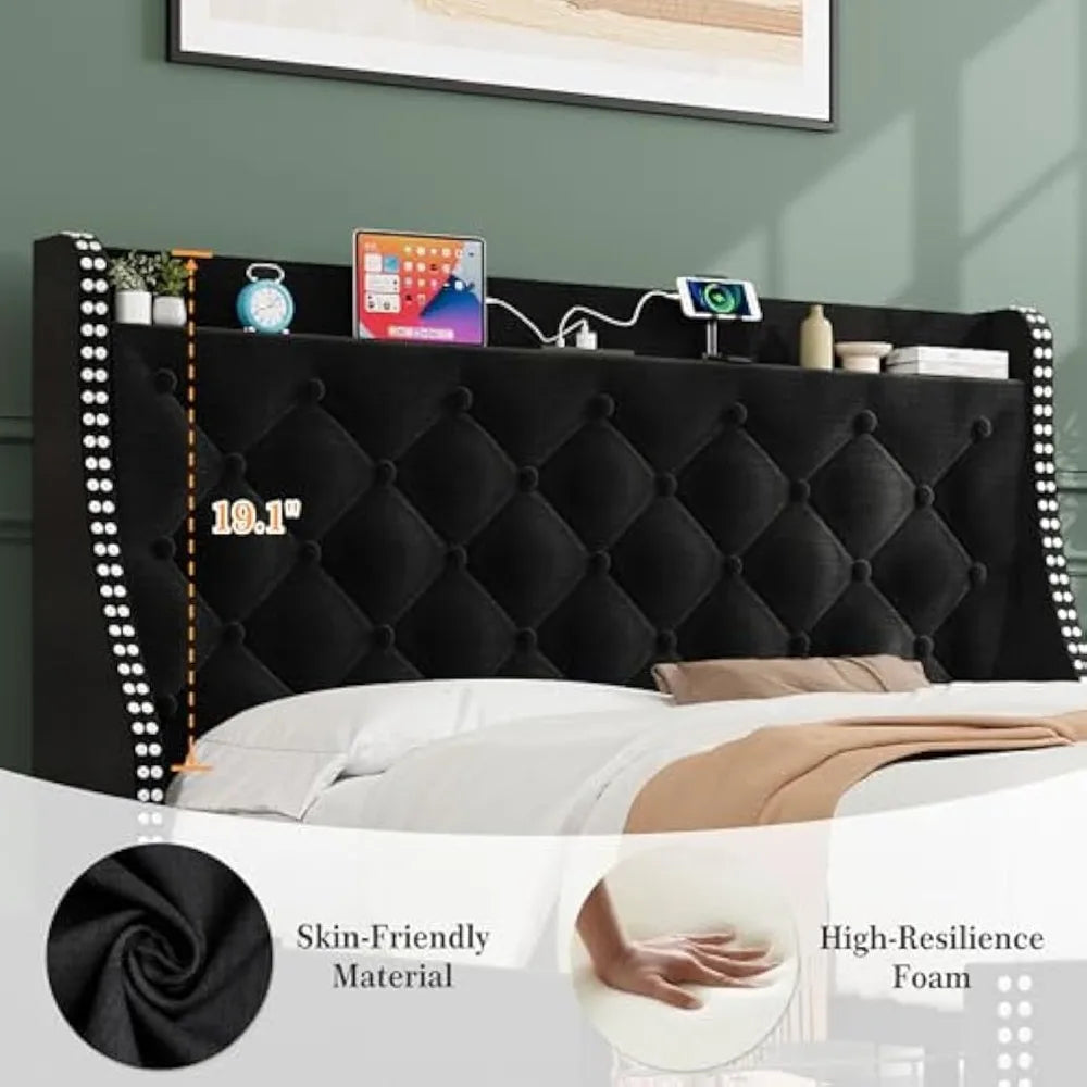 Upholstered Queen Bed Frame with 4 Storage Drawers，Wingback Headboard with Charging Station, Diamond Stitched Button Tufted Desi
