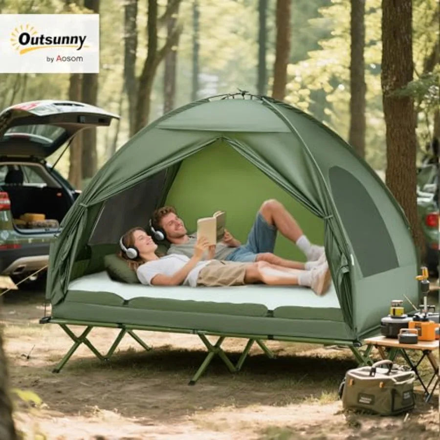 2Person Tent Cot 4in1 Folding Tent Combo with Air Mattress Foot Pump Carry Bag Off Ground Travel Cot for Camping Hiking Backpac