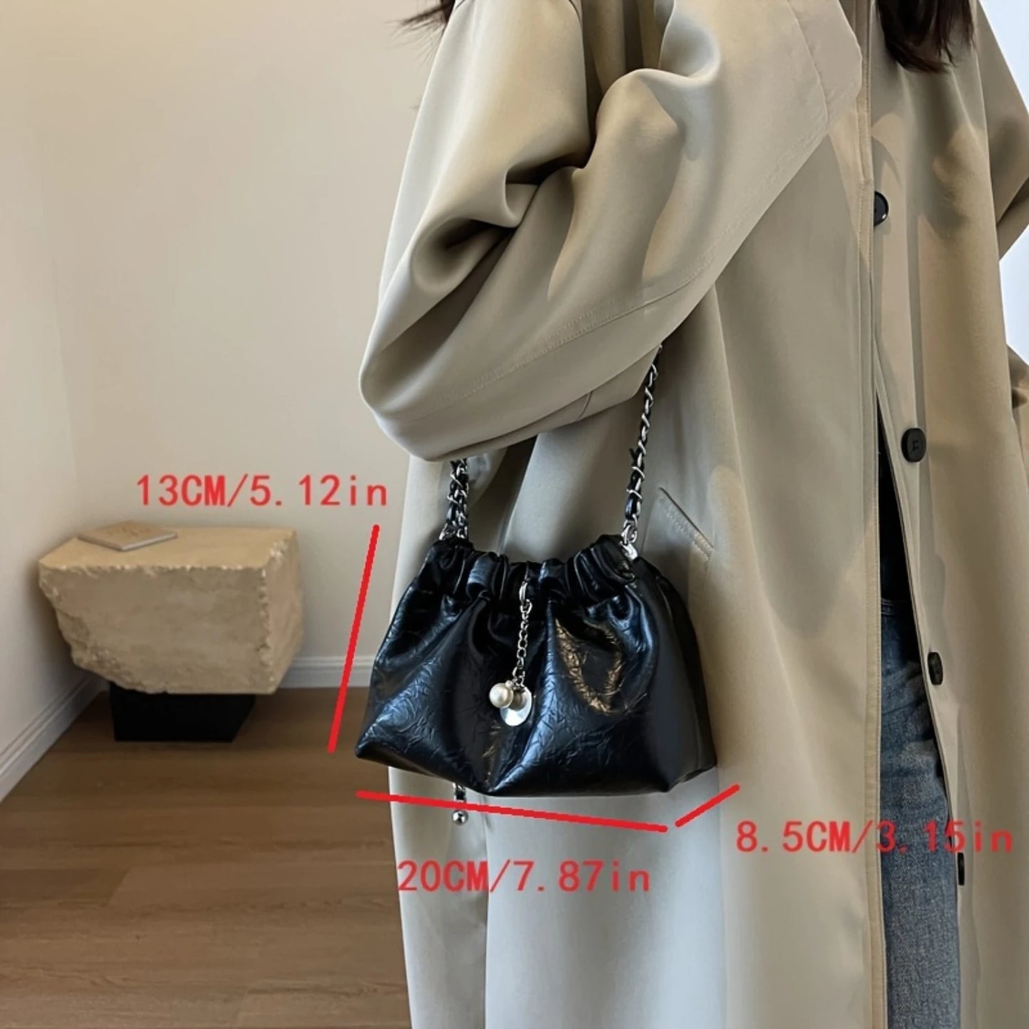 Black PU Leather Chain Crossbody Purse with Faux Pearl Charm for Women, Versatile Walking Bag