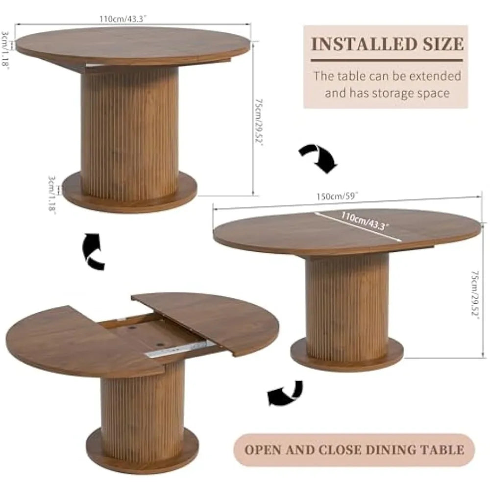 Adjustable 43.3-59 Inch Round Dining Table, Modern Farmhouse Style, Seats 4-6, Unique Circular Kitchen Table Design
