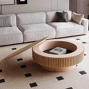 39.37 Inch Round Drum Coffee Table with Storage, Handcraft Fluted Drum Coffee Table, Modern Wooden Round Coffee Table Center Tab
