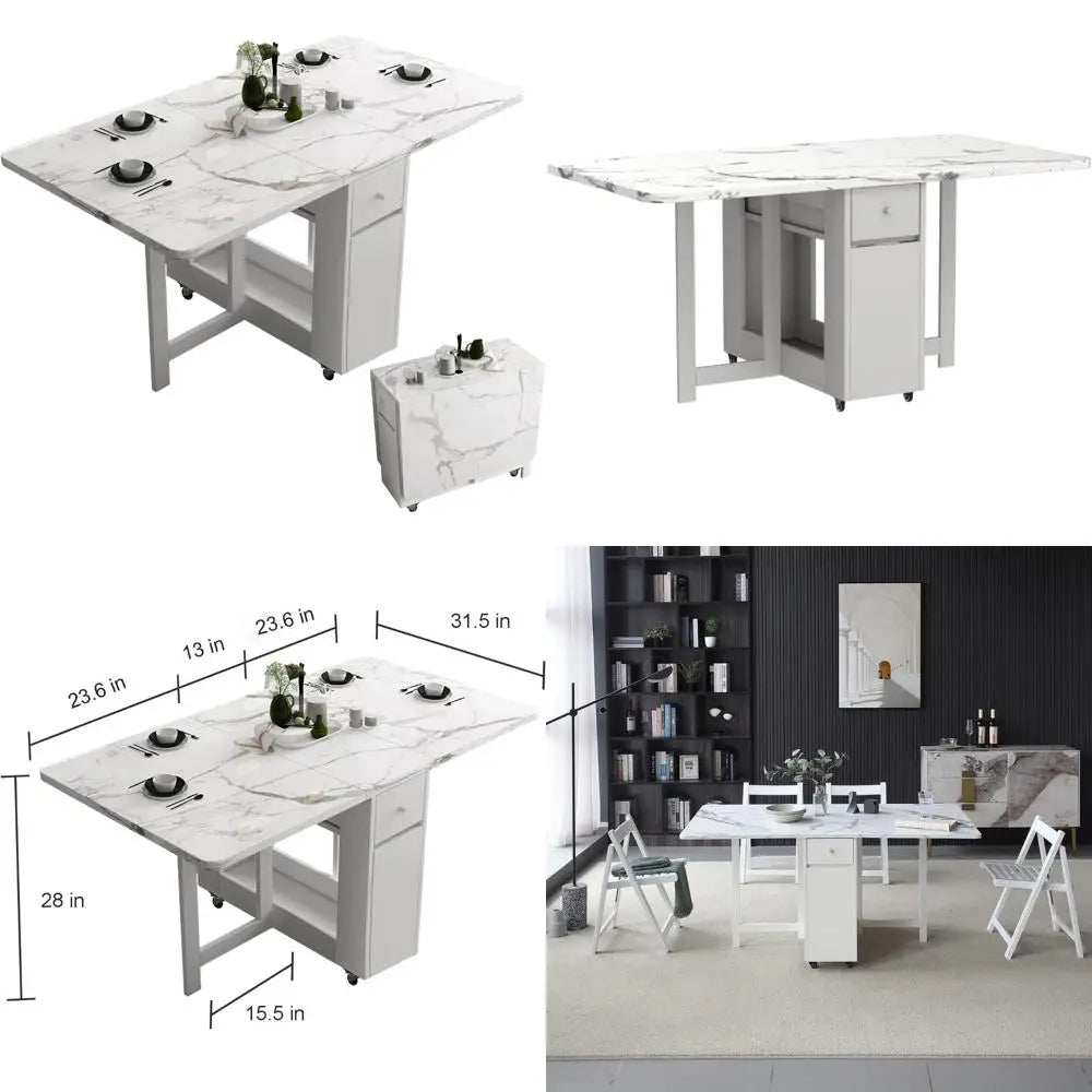 Space-Saving Extendable Folding Dining Table with Storage Rack and Drawers, White