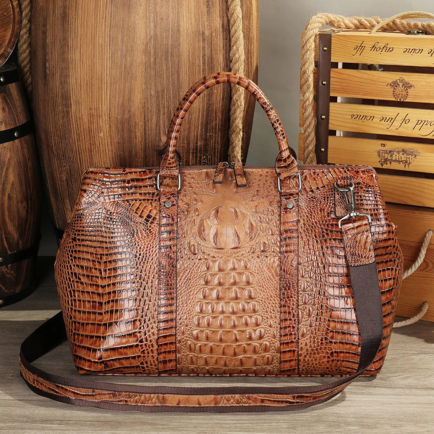Crocodile Pattern Leather Men's Handbag Short Business Trip Hand-Carrying Tote Shoulder Bag Away Luggage Bag Vintage Travel Bags