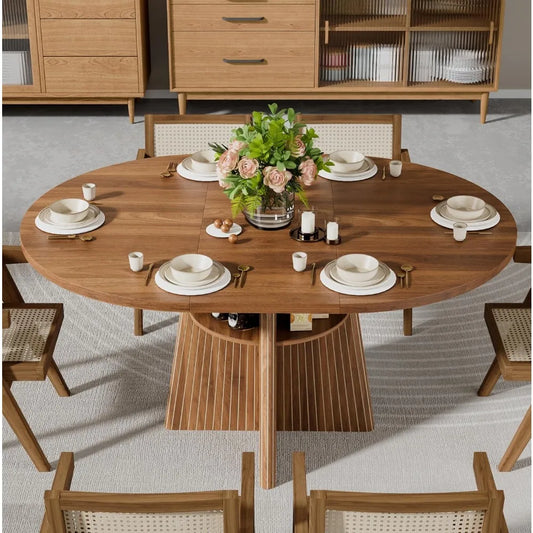 Extendable Dining Room Table for 4-8, Round Expandable Kitchen Table with Fluted Base, Modern Oval Dinner Tables