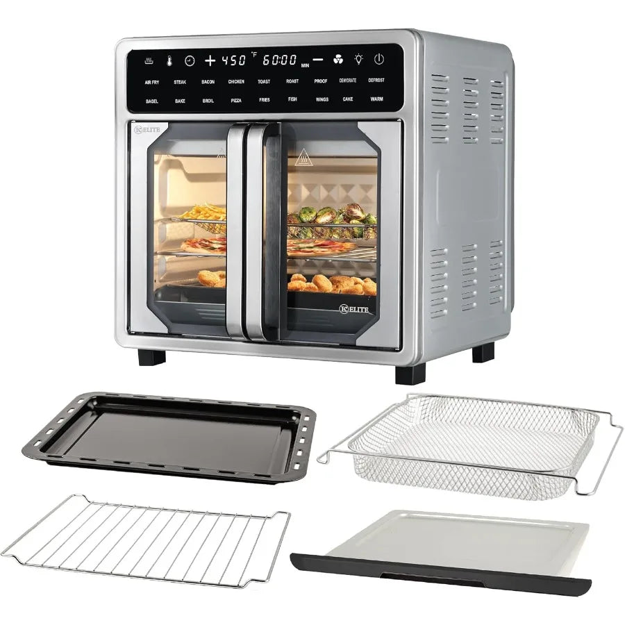 16 Quart French Door Air Fryer Oven Family Size Countertop Convection Cooker with LED Display Stainless Steel for LargeScale Ho