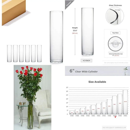 Clear Glass Cylinder Vase, 6 Wide and 24 Tall, Ideal for Wedding Centerpieces, Party Events, and Tall Candle Holders