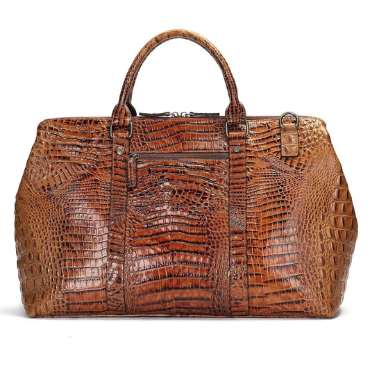 Crocodile Pattern Leather Men's Handbag Short Business Trip Hand-Carrying Tote Shoulder Bag Away Luggage Bag Vintage Travel Bags