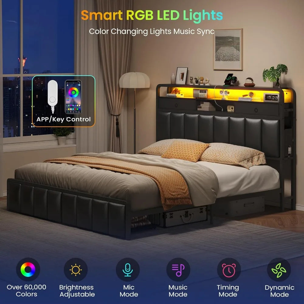 King Bed Frame with Storage Drawers, Upholstered Headboard with Hidden Storage Shelf, LED Lights and Charging Station, Metal Pla