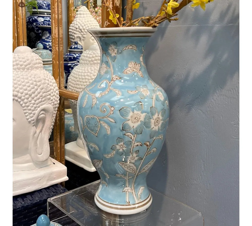 Hand Painted Blue White Floral Ceramic Vase 14" Antique Porcelain Flower Bottle Home Decor Centerpiece Gift