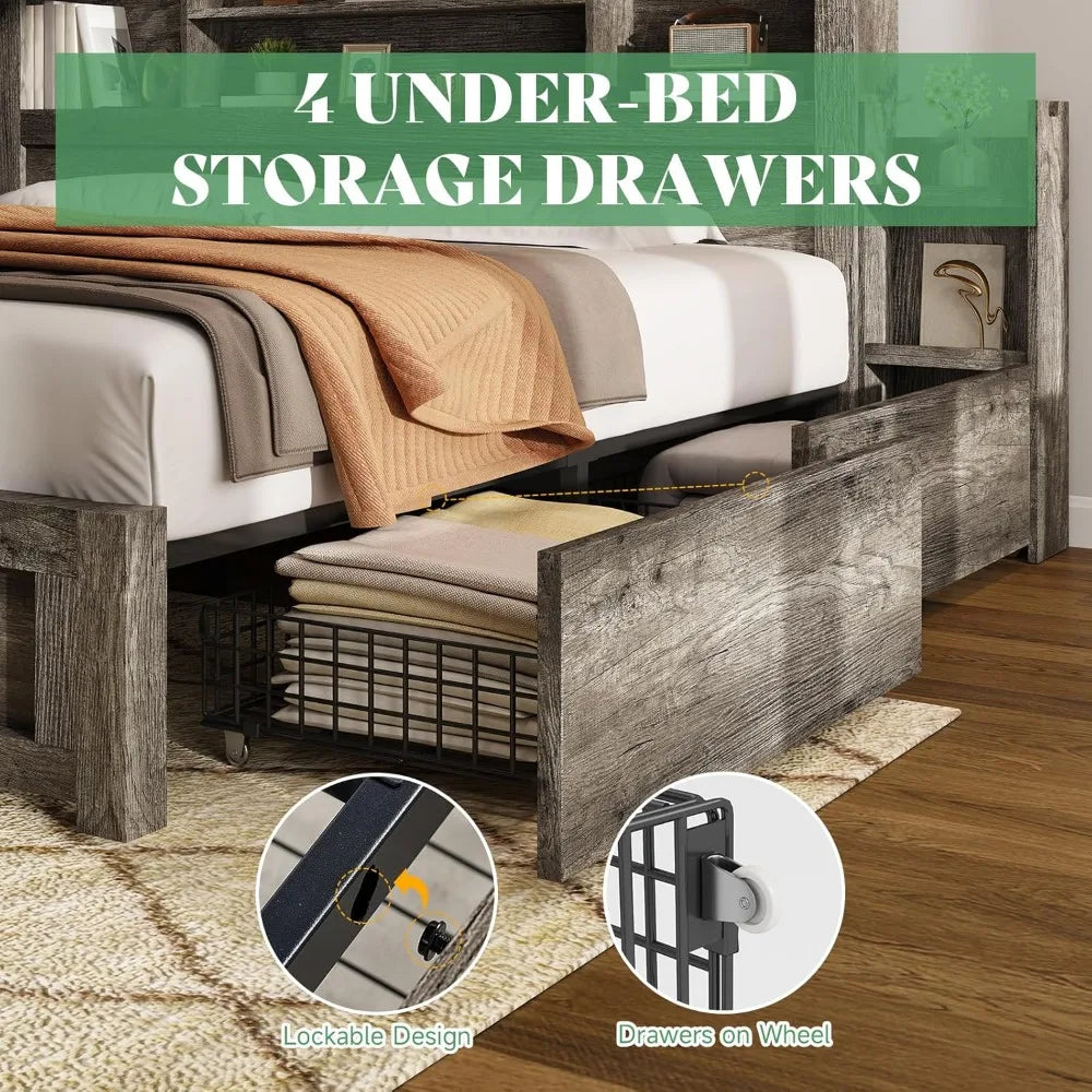 King Size Bed Frame with 4 Storage Drawers, LED Bed Frame with 49“ Tall Bookcase Headboard, Wood Platform Bed with Charging