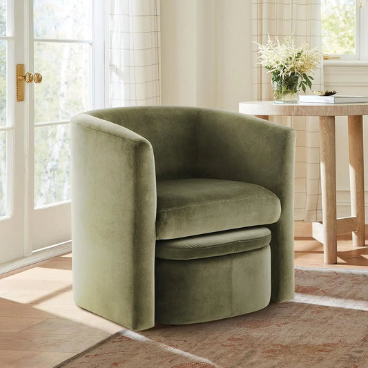 Green Velvet Barrel Chair with Storage Ottoman, Modern Accent Chair for Living Room