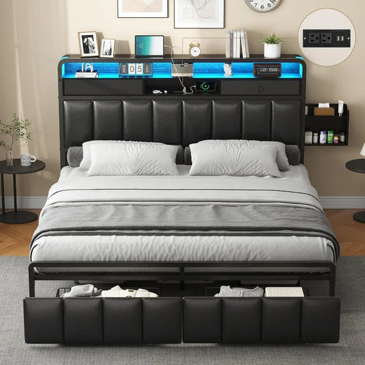 King Bed Frame with Storage Drawers, Upholstered Headboard with Hidden Storage Shelf, LED Lights and Charging Station, Metal Pla