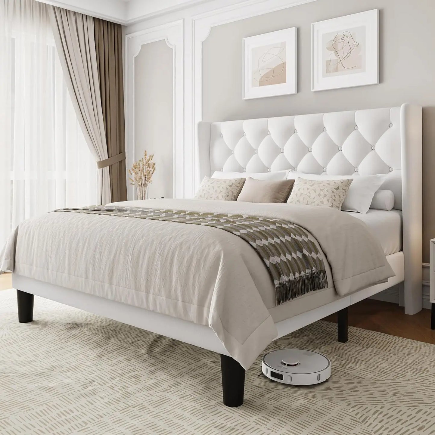 Full Size Upholstered Bed Frame with Wingback Headboard, Fabric Linen Platform Bed, 8" Under Bed Storage, Wooden and Metal Slats